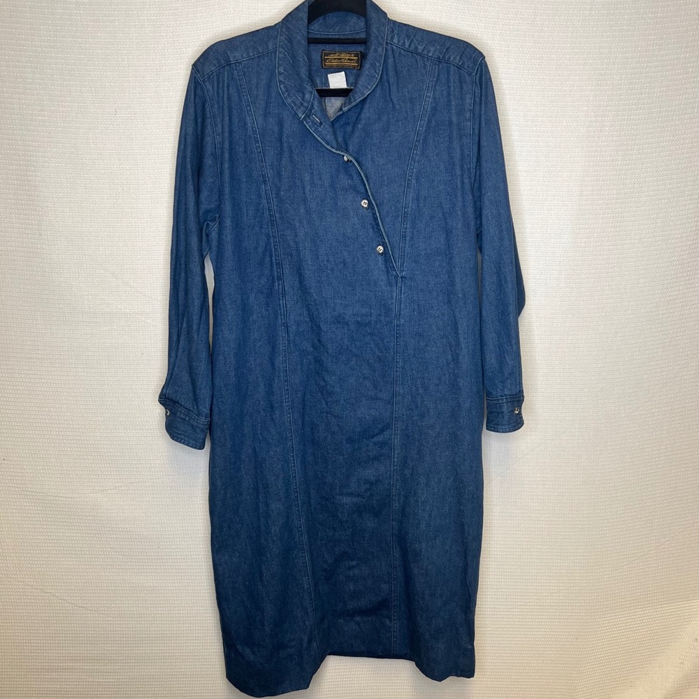 Vintage Eddie Bauer Denim Midi Dress Blue Asymmetrical Button Pockets